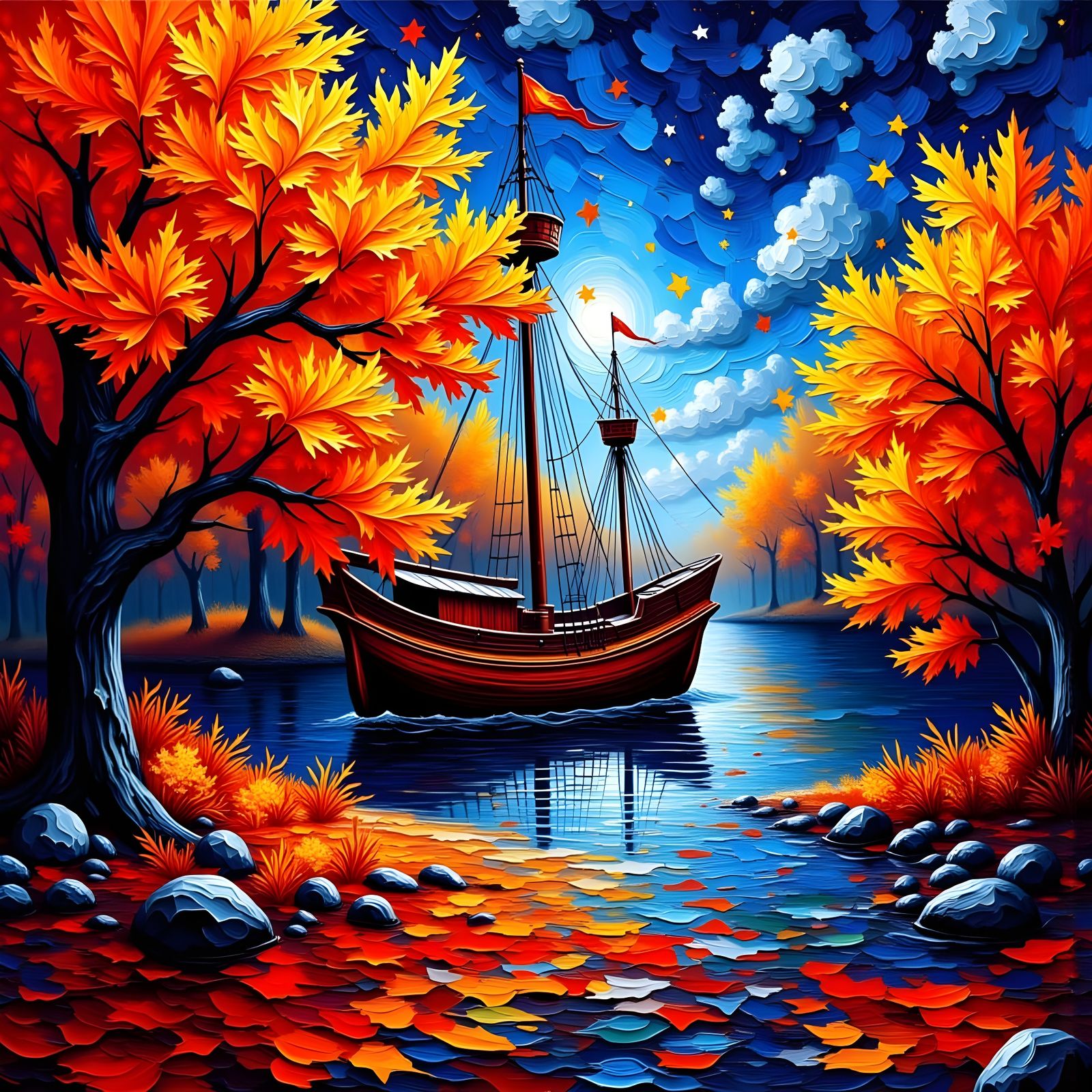 Autumn Pirate Ship in Reflective Inlet