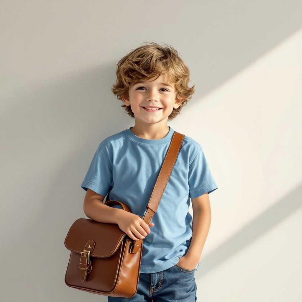 Smiling Child with Satchel in Hyperrealistic Style