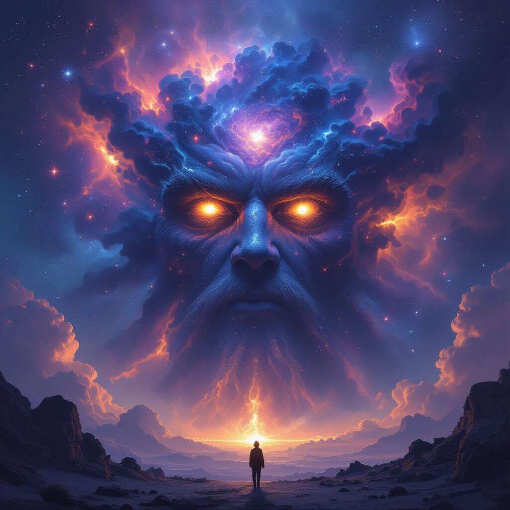 Celestial Titan Dwarfing Galaxies in Cosmic Realist Style