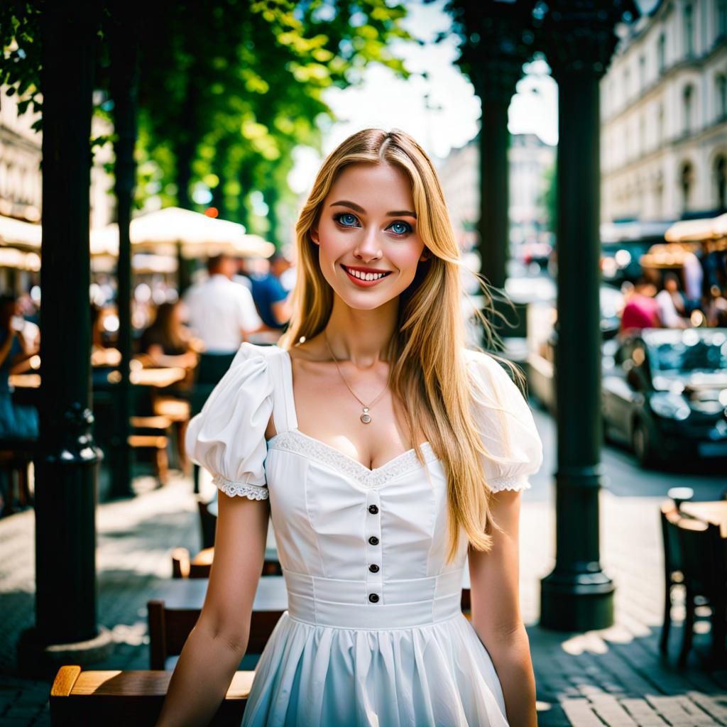 Blond Woman in Vienna Cafe: Anime-Inspired Photography