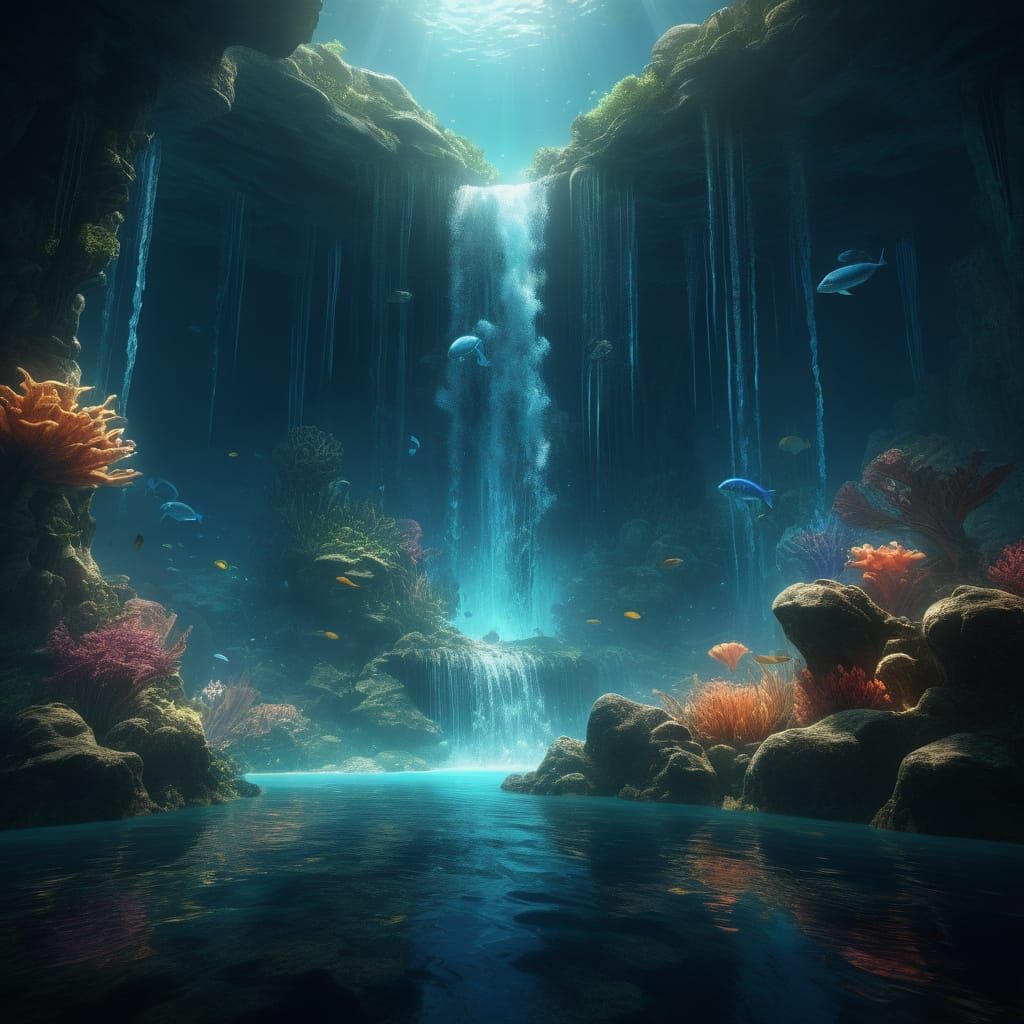 Enchanted Underwater Waterfalls in Vibrant Fantasy Art