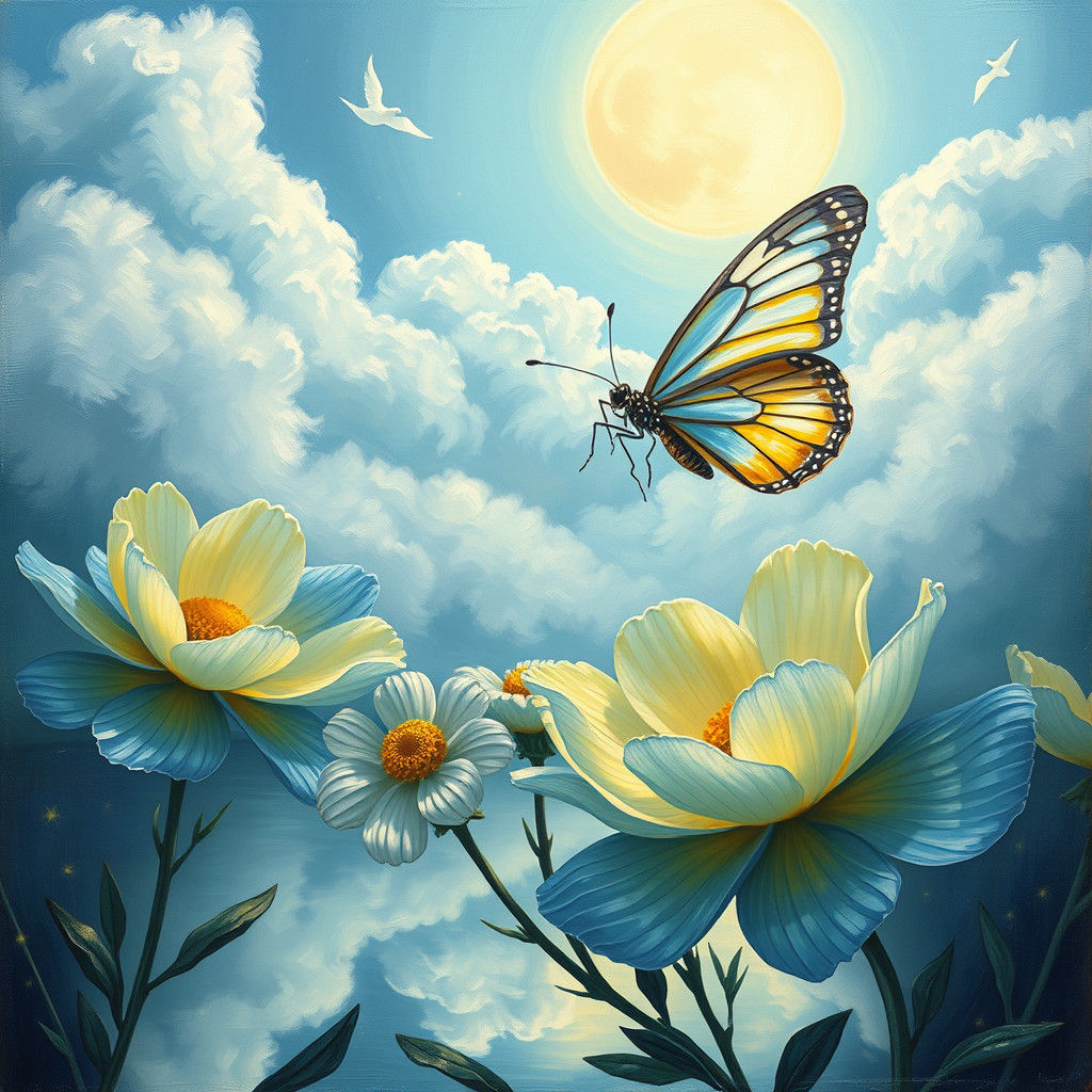 Iridescent Butterfly with Flowers in Dreamy Lakeside Impasto