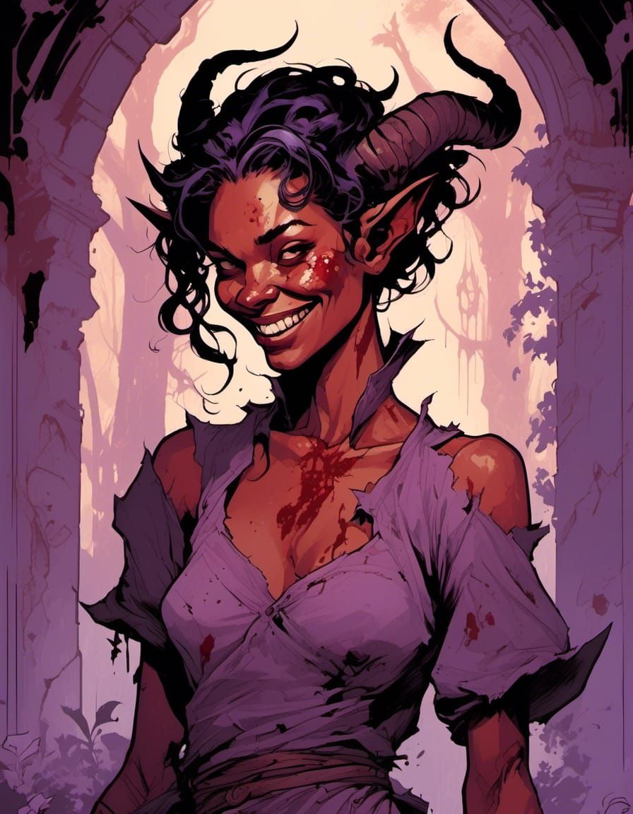 Tiefling Portrait in Dark Horror Aesthetic
