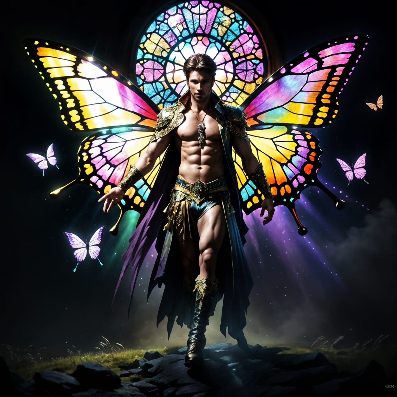 Dreamy Male Fairy with Stained-Glass Wings in 3D