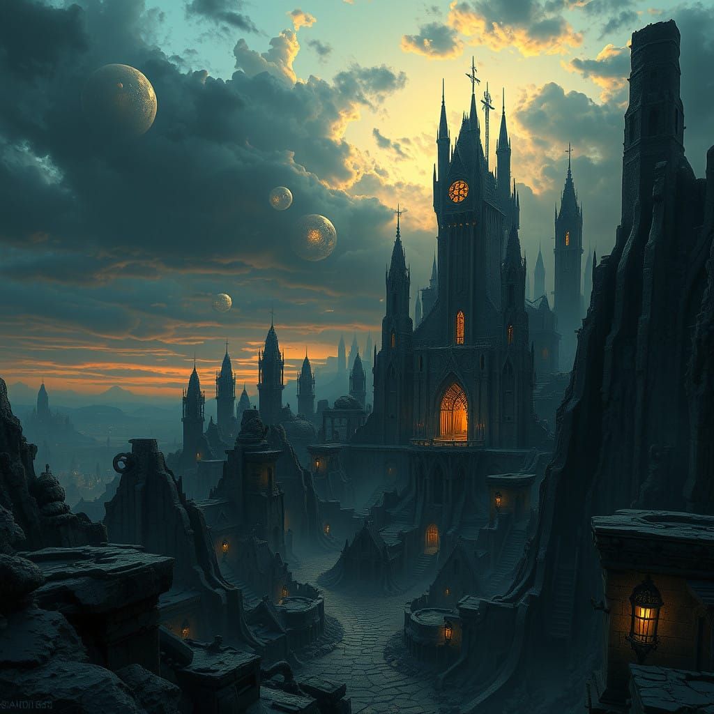 Ethereal Ruins at Dusk in a Dreamlike Cityscape