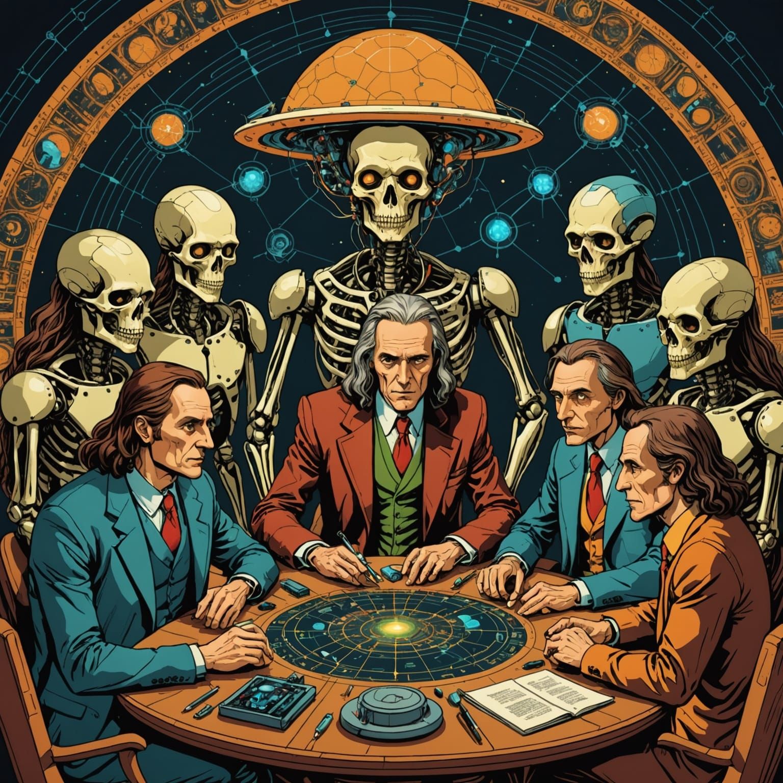 Men Discussing AI and Aliens, Vibrant Mechanical Style