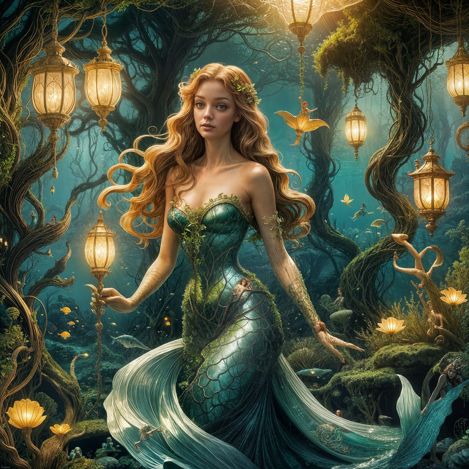 Underwater Cottage with Mermaid in Art Deco Style