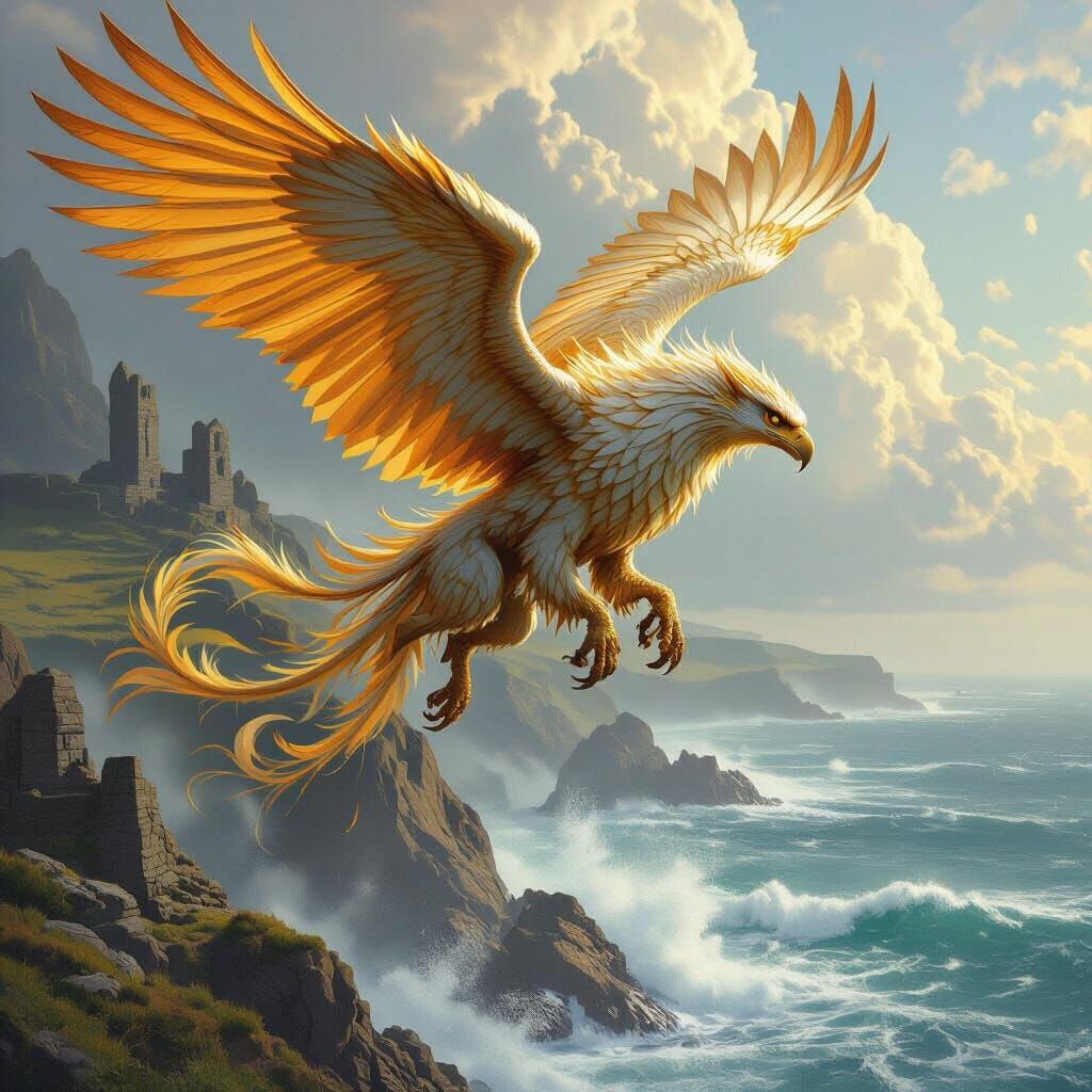 Celtic Griffin Soaring Above Windswept Coastline