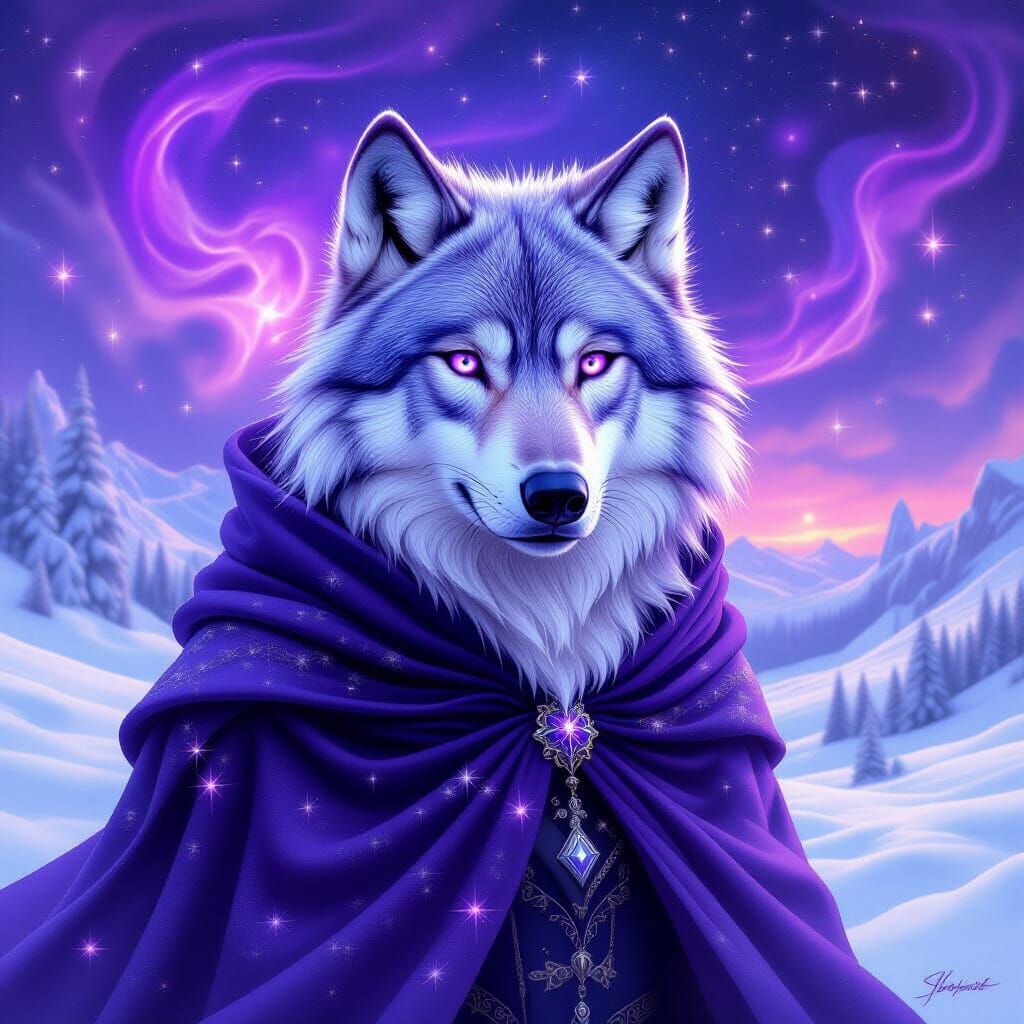 Purple Cosmic Wolf in Ethereal Fantasy Landscape