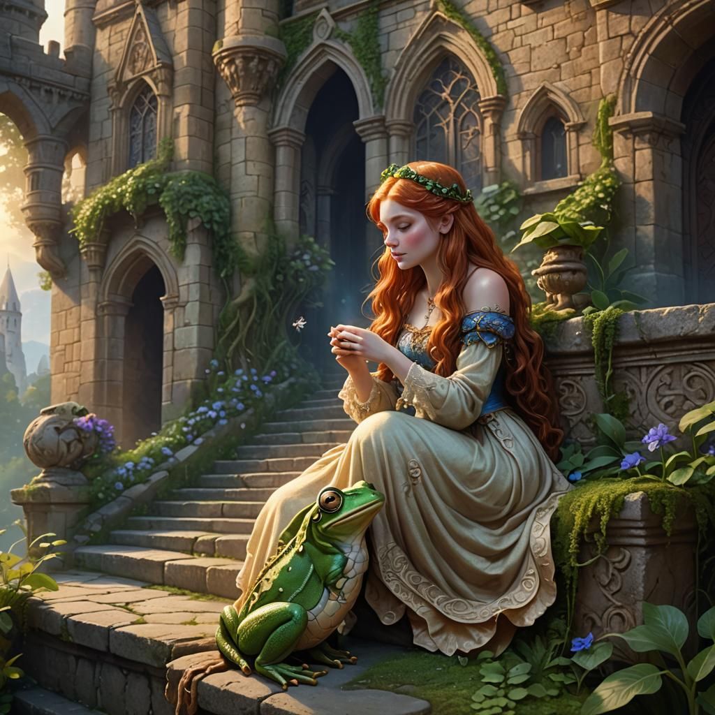 Redhead and Frog Share Kiss in Fantasy Illustration