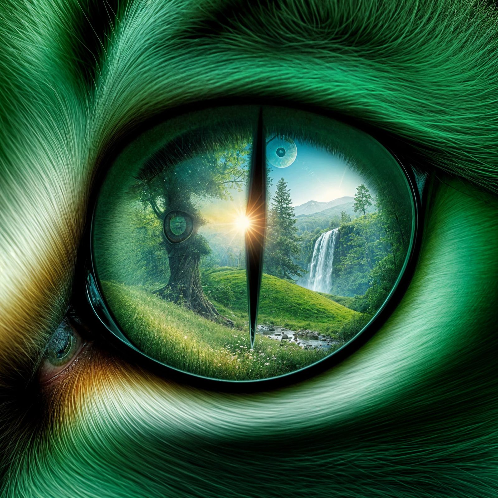 Surrealist Green Cat's Eye Reflects Lush Dreamlike Landscape