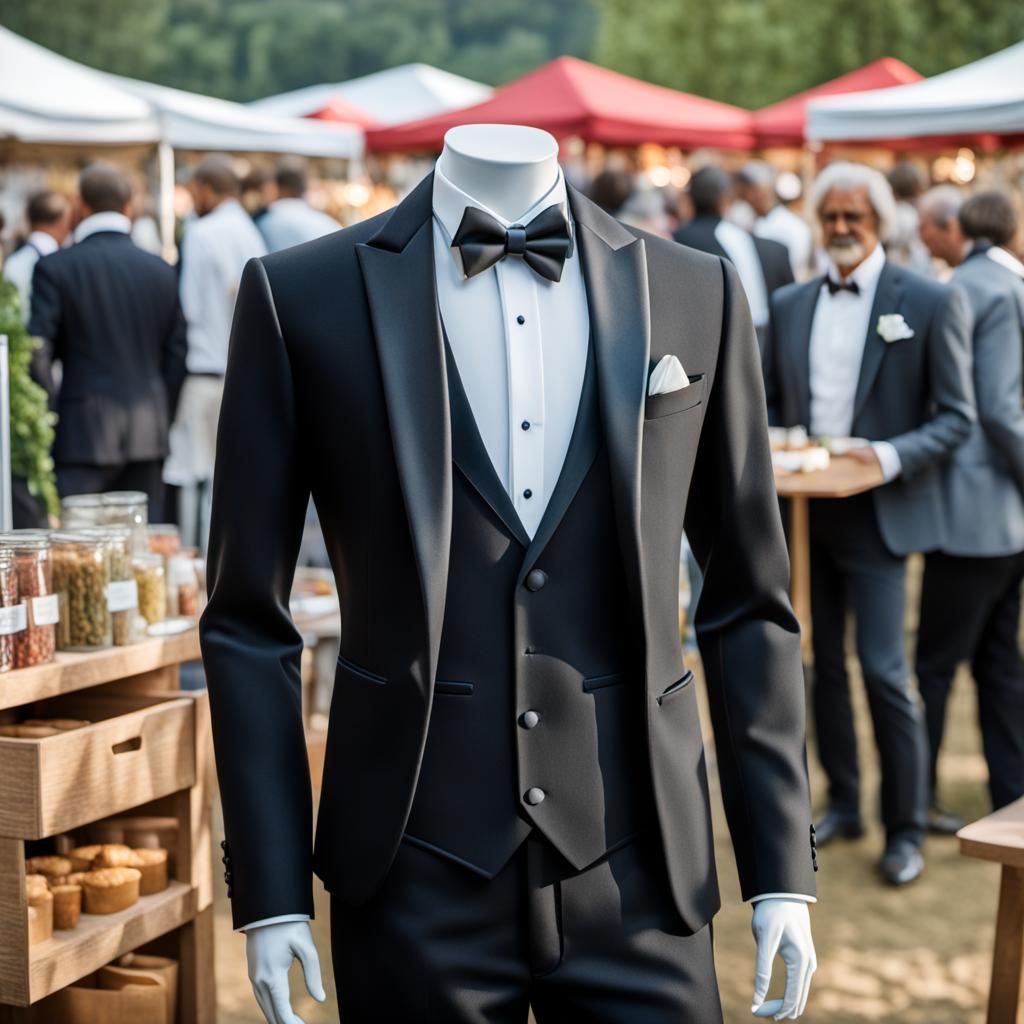 Realistic Mannequin in Tuxedo at Outdoor Event