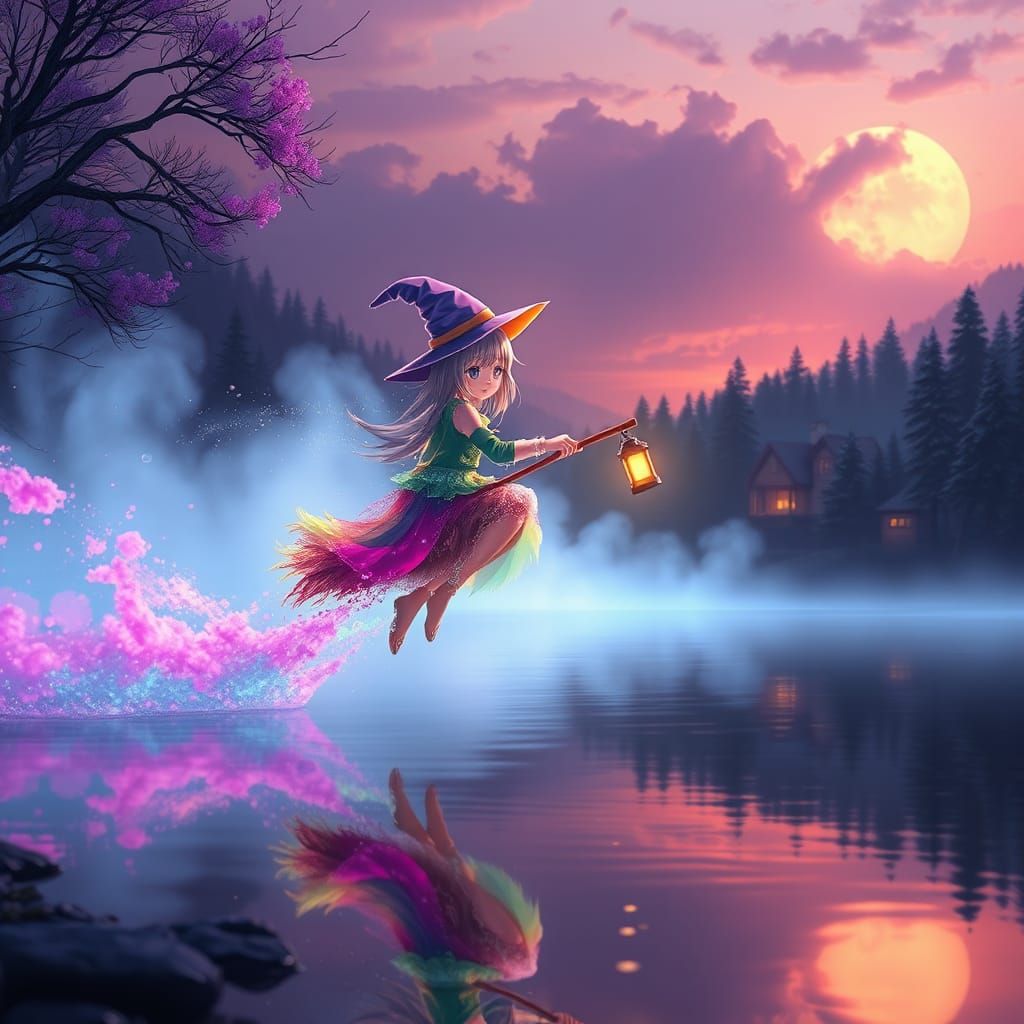 Anime Witch Zooming Towards Forest at Sundown