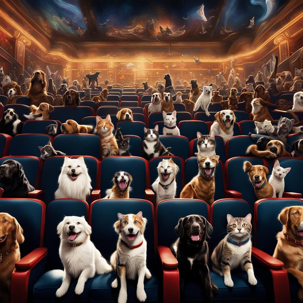 Dogs and Cats Enjoying a Movie, Detailed Matte Painting