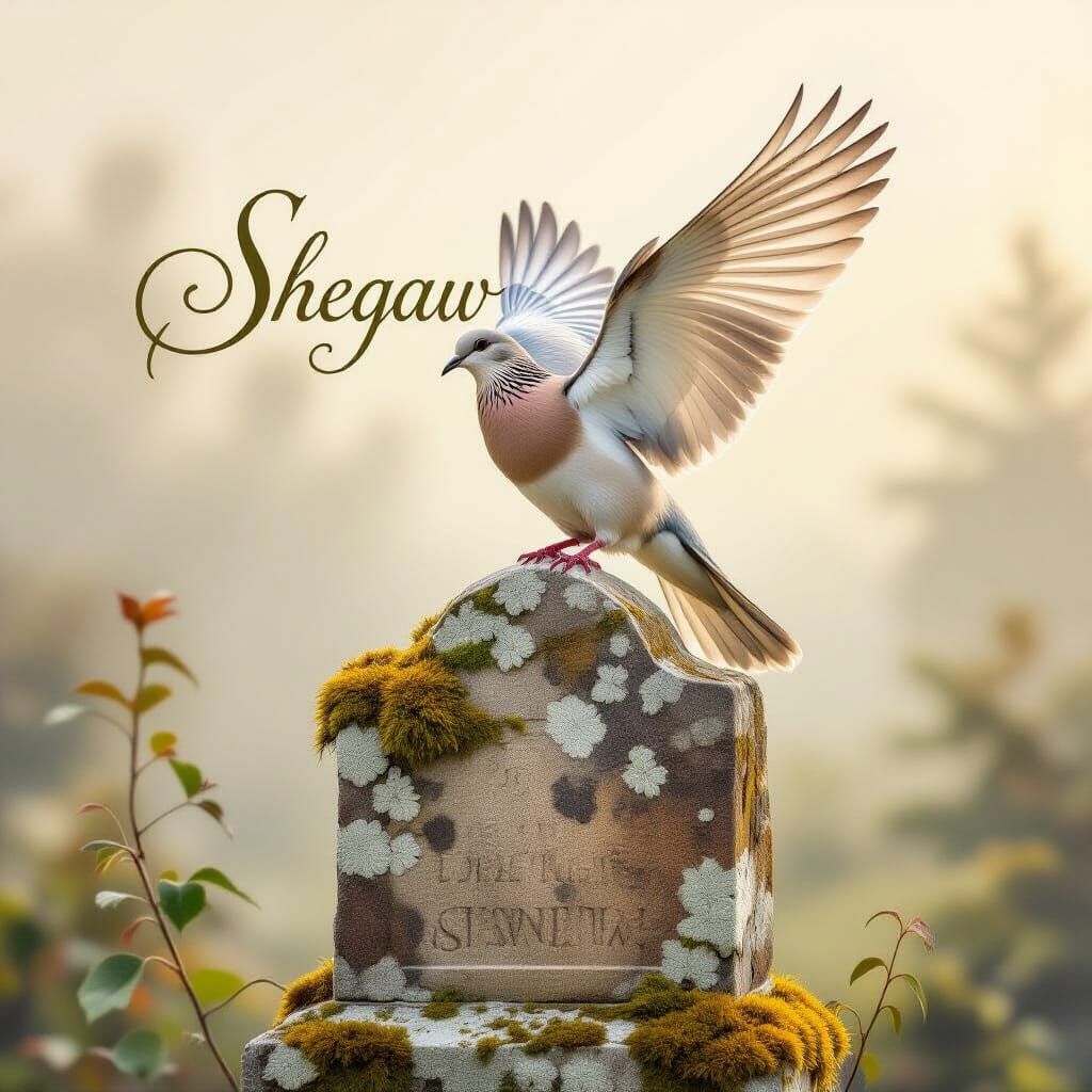 Dove Poised for Flight on Monument in Misty Landscape