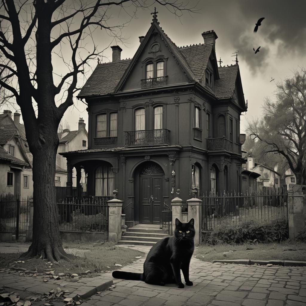Haunted Black House with Ghosts and Black Cat
