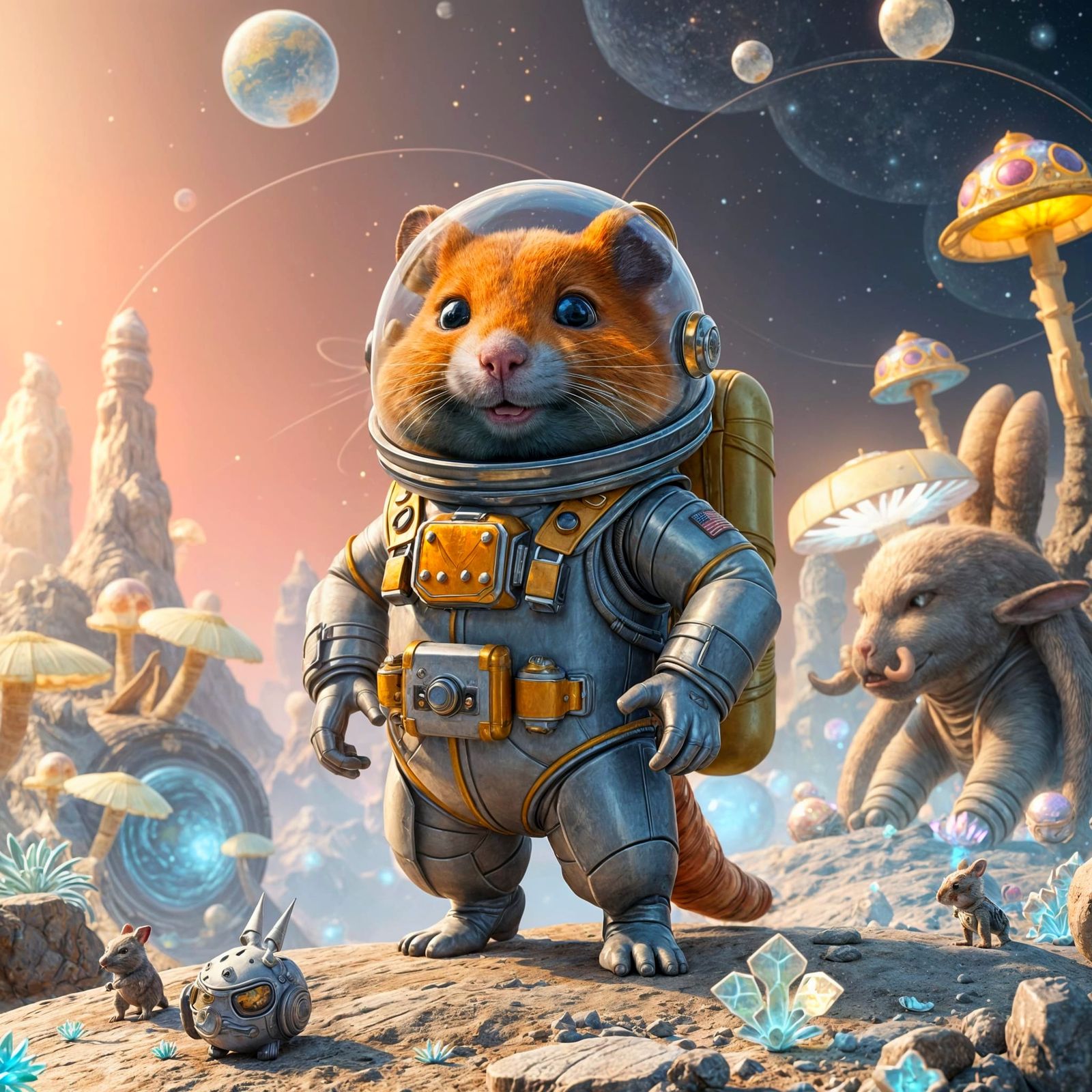 Hamster Space Adventurer in Vibrant Alien Landscape