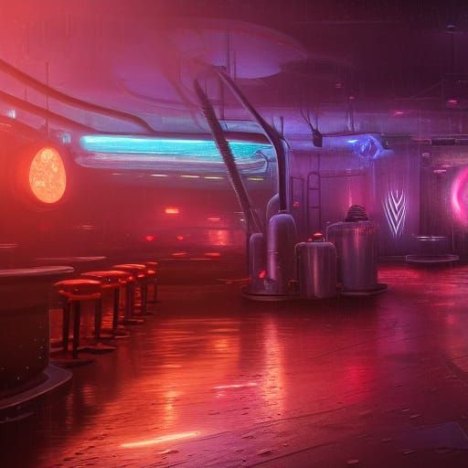 Sci-Fi Bar in Rainy Night: Fantasy Concept Art