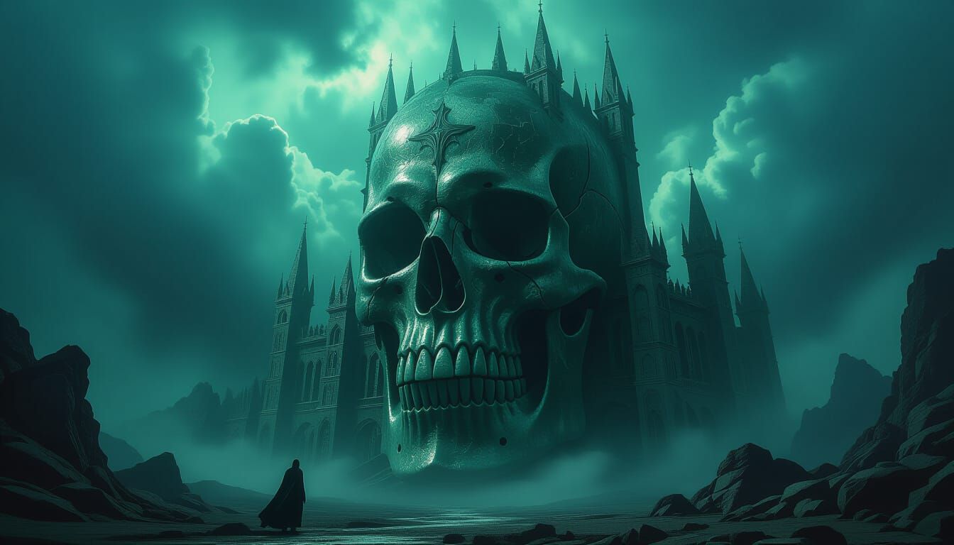 Dark Fantasy Skull Castle in Stormy Landscape