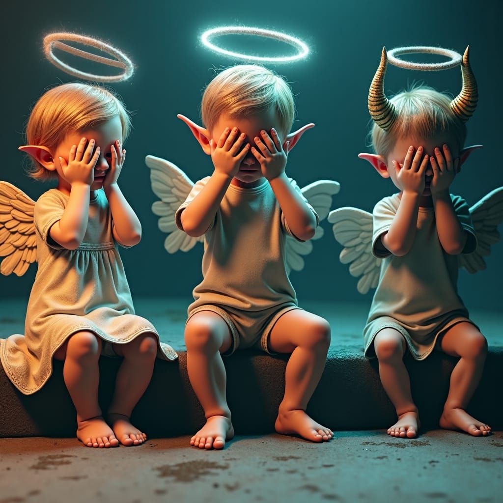 stunning image of a cute adorable  child angel with halo, holding hands over eyes, hiding, child devil,child angel,child...