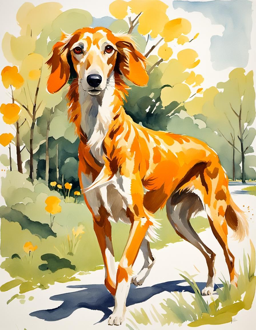 Saluki Hound in Yellow Dress: Gouache Watercolor Style