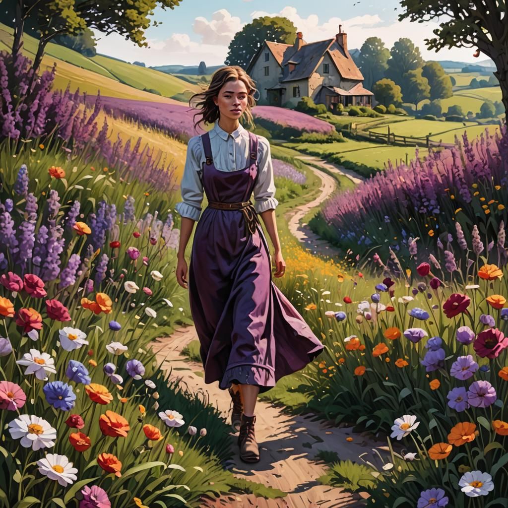 Picturesque Countryside with Purple Flower Field