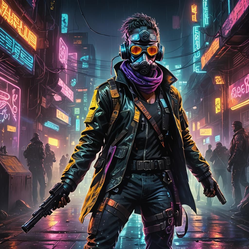 Cyberpunk Character in Neon-Lit Dystopian Cityscape
