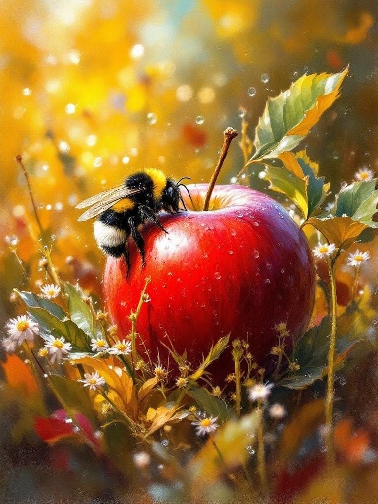 Bumblebee on Apple in Autumn Meadow, Impressionist Oil Paint...