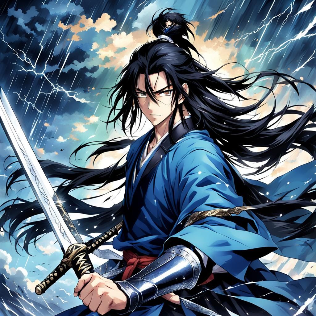 Anime Swordsman in Stormy Weather