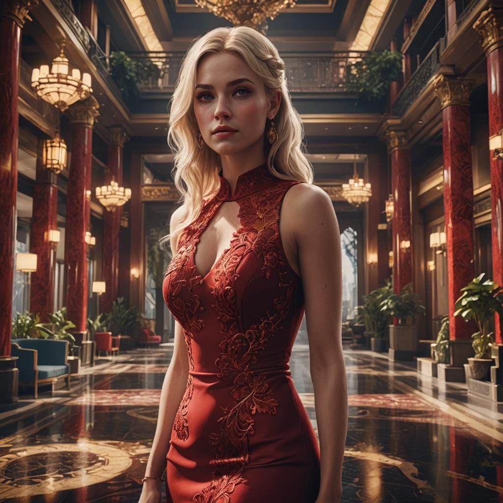 Blonde Woman in Red Dress: Fantasy Concept Art