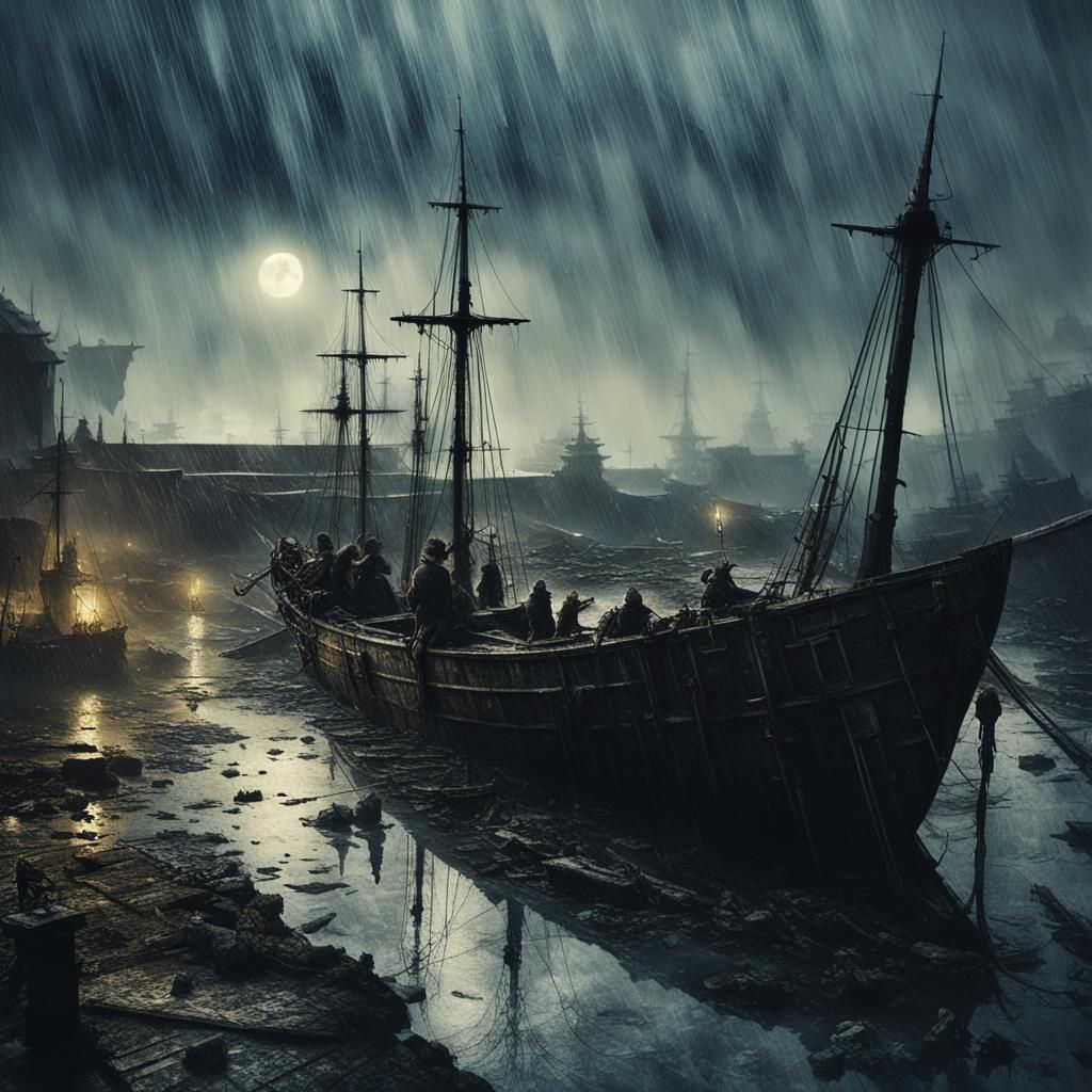 Dramatic Rainy Harbor Scene in Cinematic Style