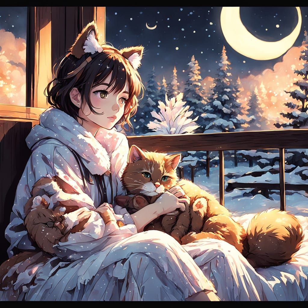 Whimsical Winter Scene in Anime Style