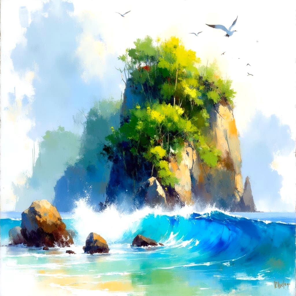 Tropical Atoll Rises from the Ocean in Impressionist Waterco...