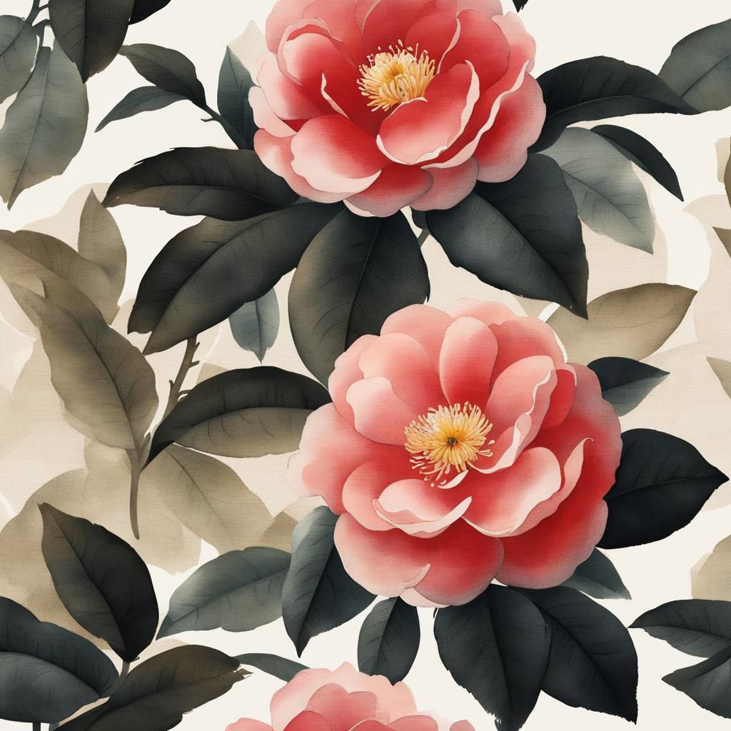 Camellia in Muted Chinese Ink Painting Style