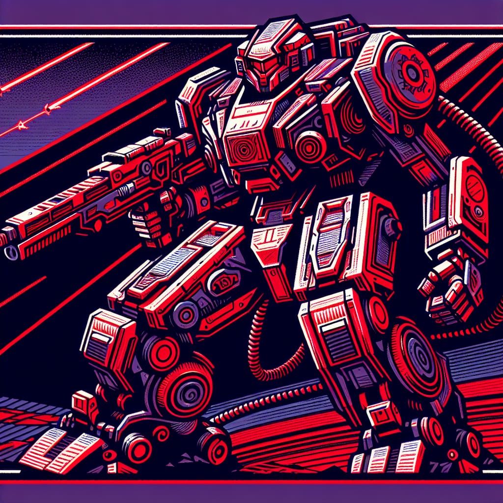 Armored Core Mech War Propaganda in Linocut Style