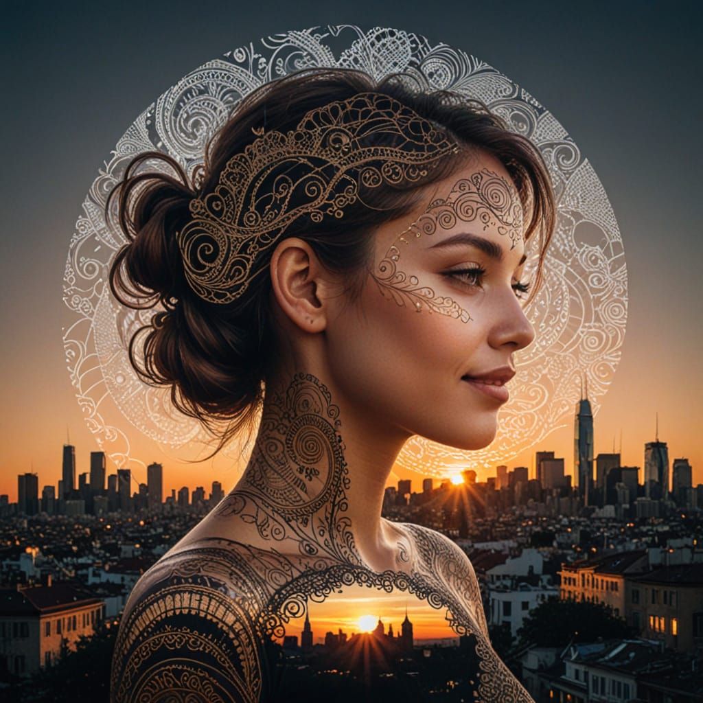Double Exposure of Woman and City at Sunset