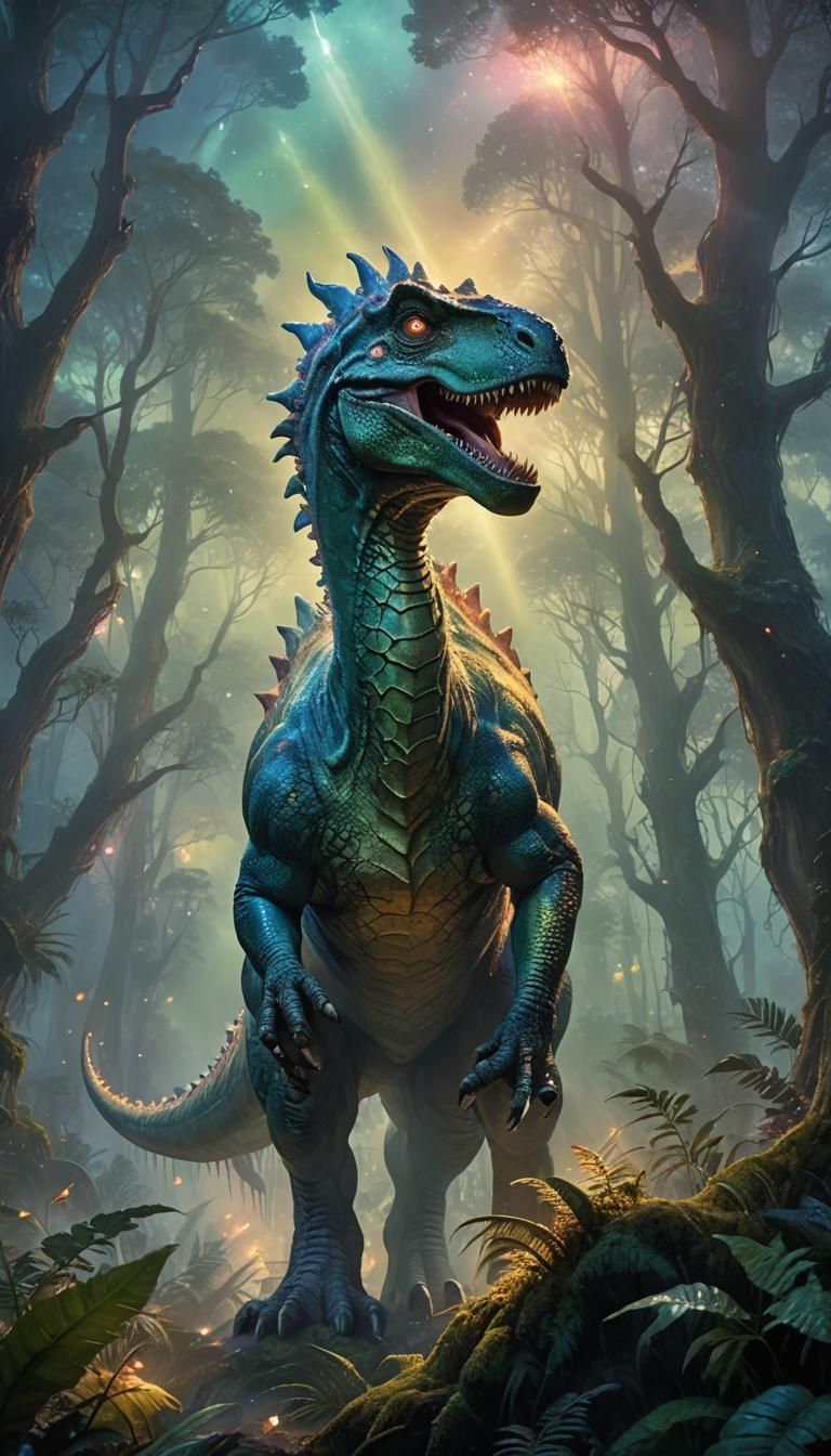 Woman-Dinosaur Hybrid in Mystical Forest: Fantasy Art