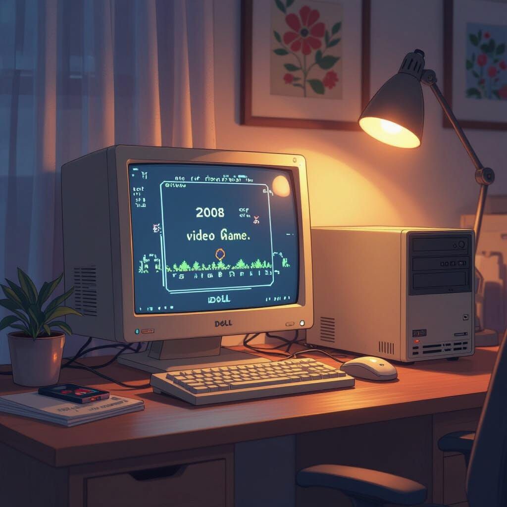 Cozy Anime Gaming Setup: 2008 Dell Monitor & Tower