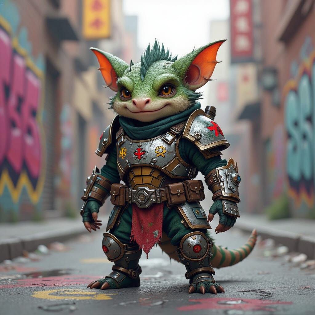 Kobold in Helldivers Armor Amidst Urban Graffiti Art