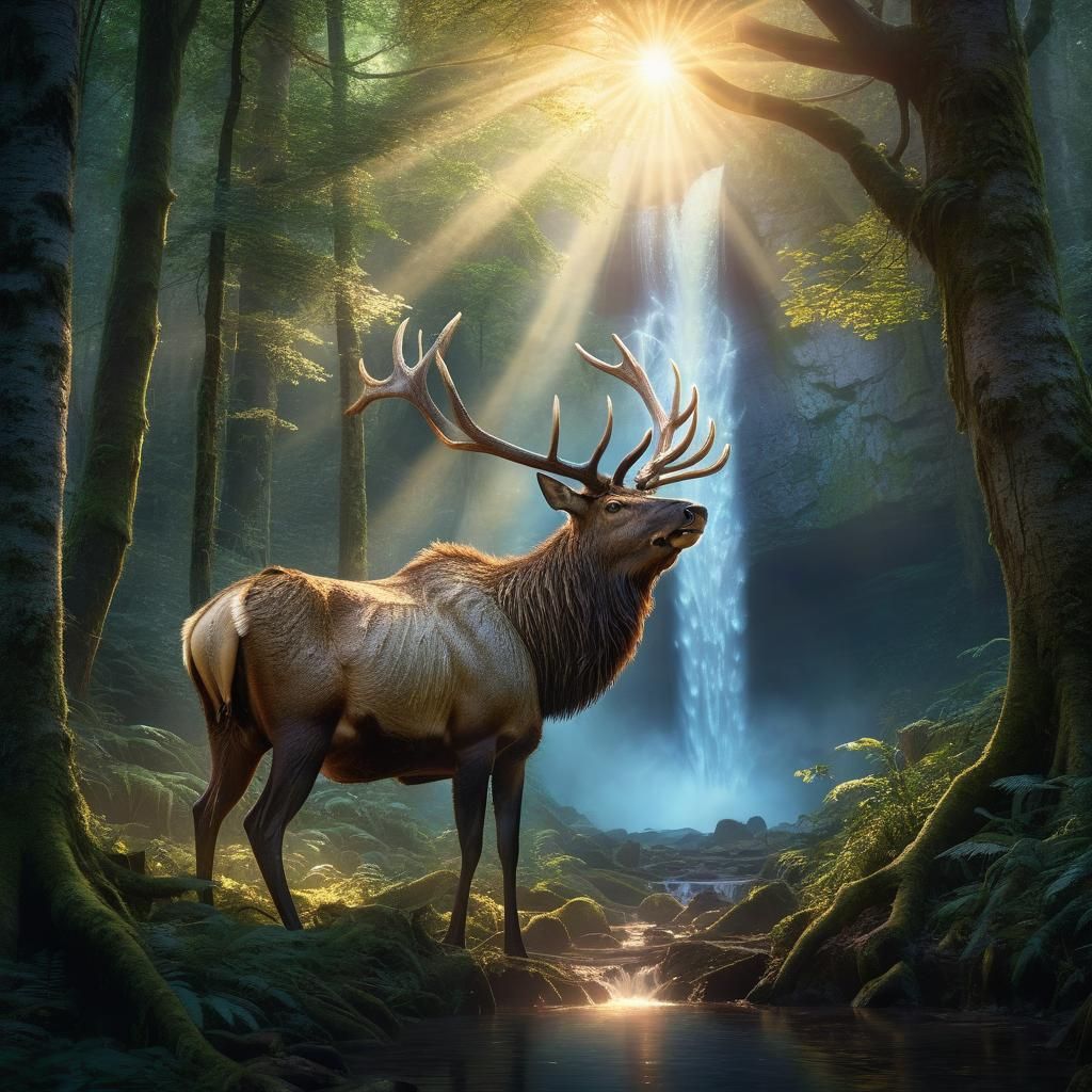 Elk Stag in Mystical Forest at Dawn