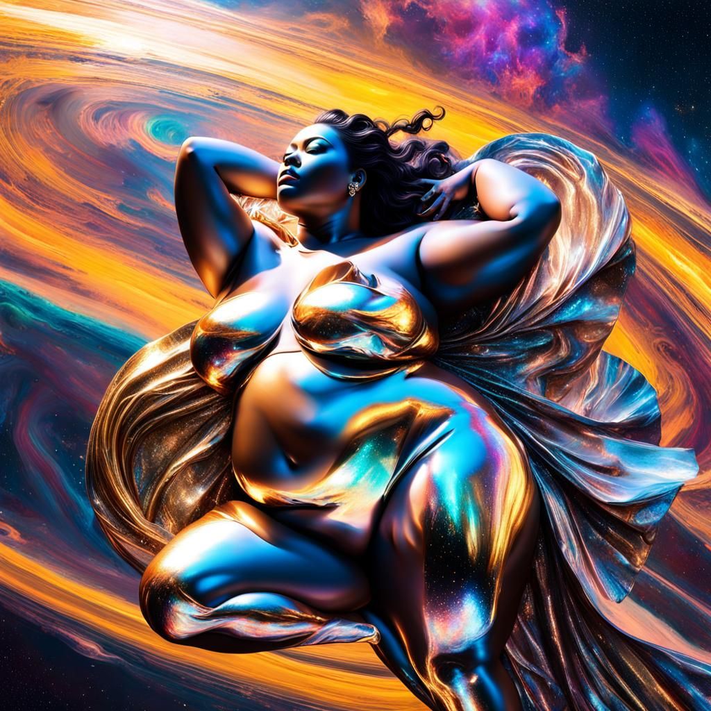 Chrome Goddess Lounging Among Stars in Glitch Art