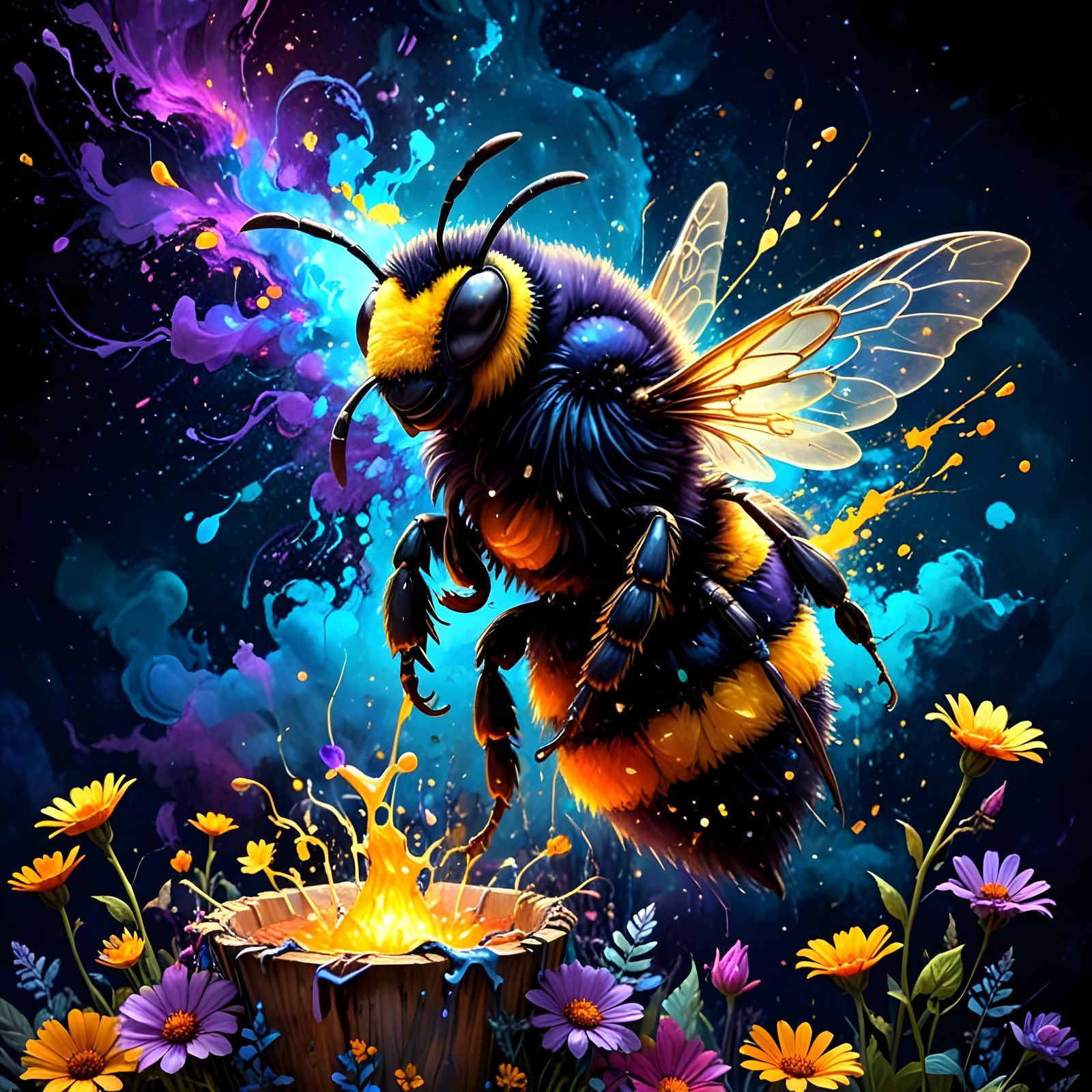 Surreal Bumble Bee Carries Honey in Cosmic Art
