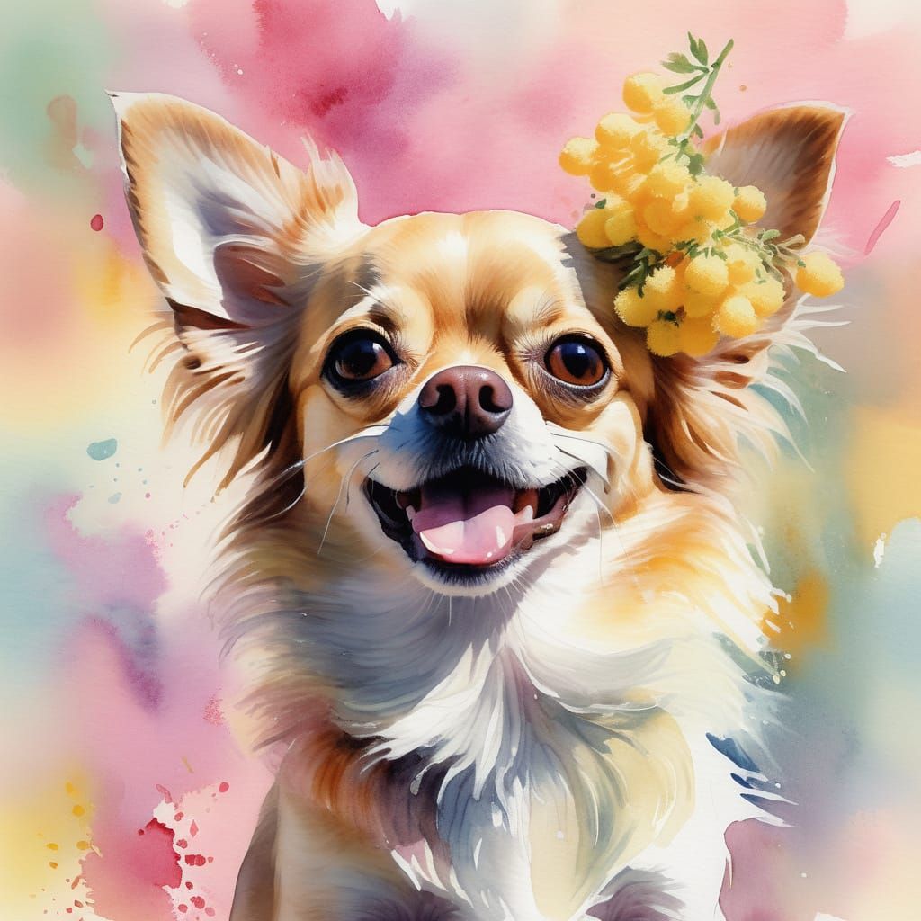 Whimsical Watercolor Portrait of a Chihuahua with Mimosa