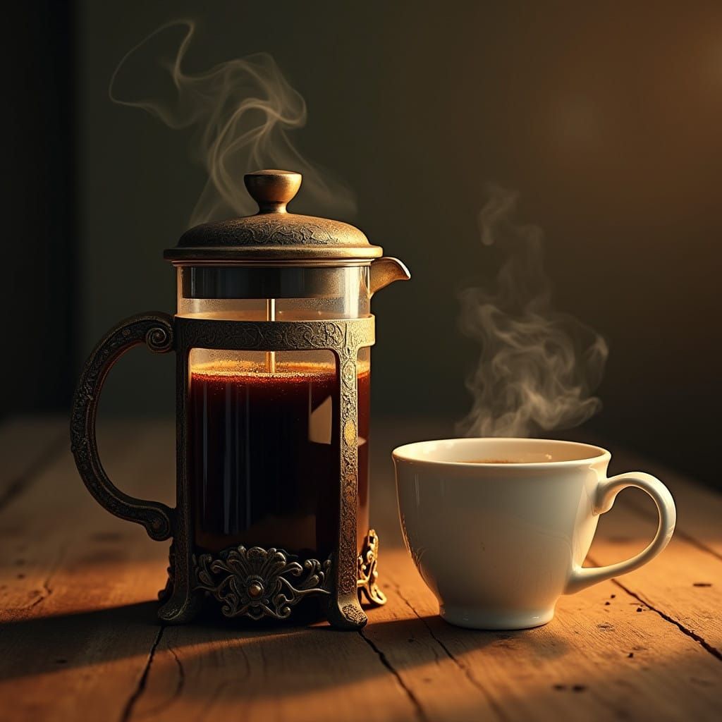 Steaming French Press Coffee in Warm, Golden Light
