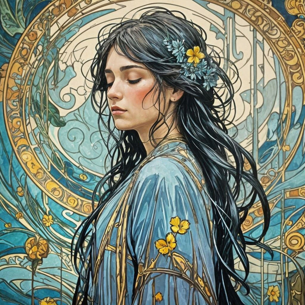 Melancholy Girl in Rain, Art Nouveau Impasto