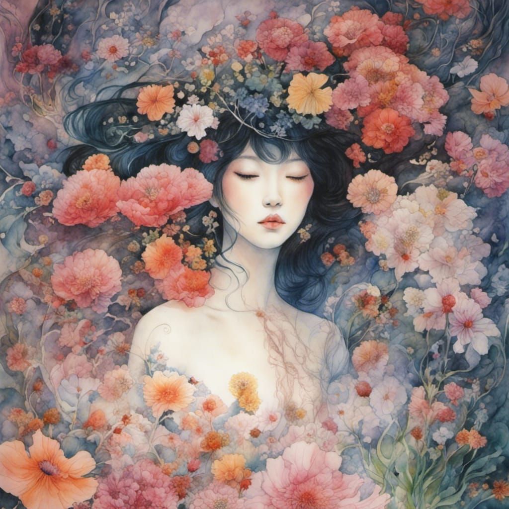 Dreamlike Watercolor: Woman Surrounded by Flowers