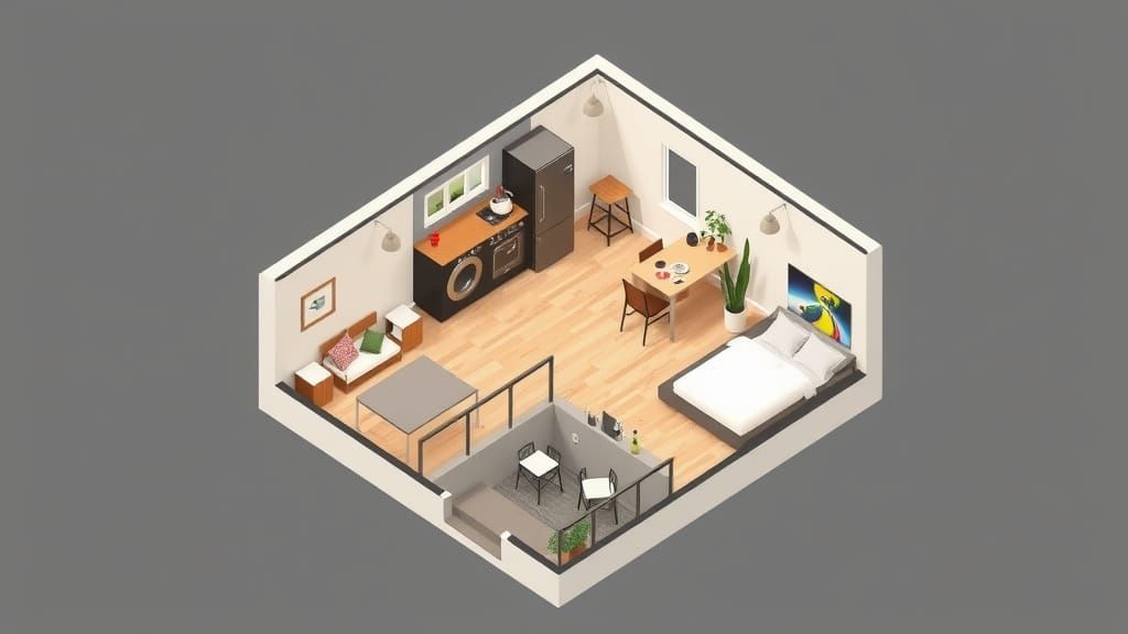 Isometric View: Hip Studio Apartment Floor Plan