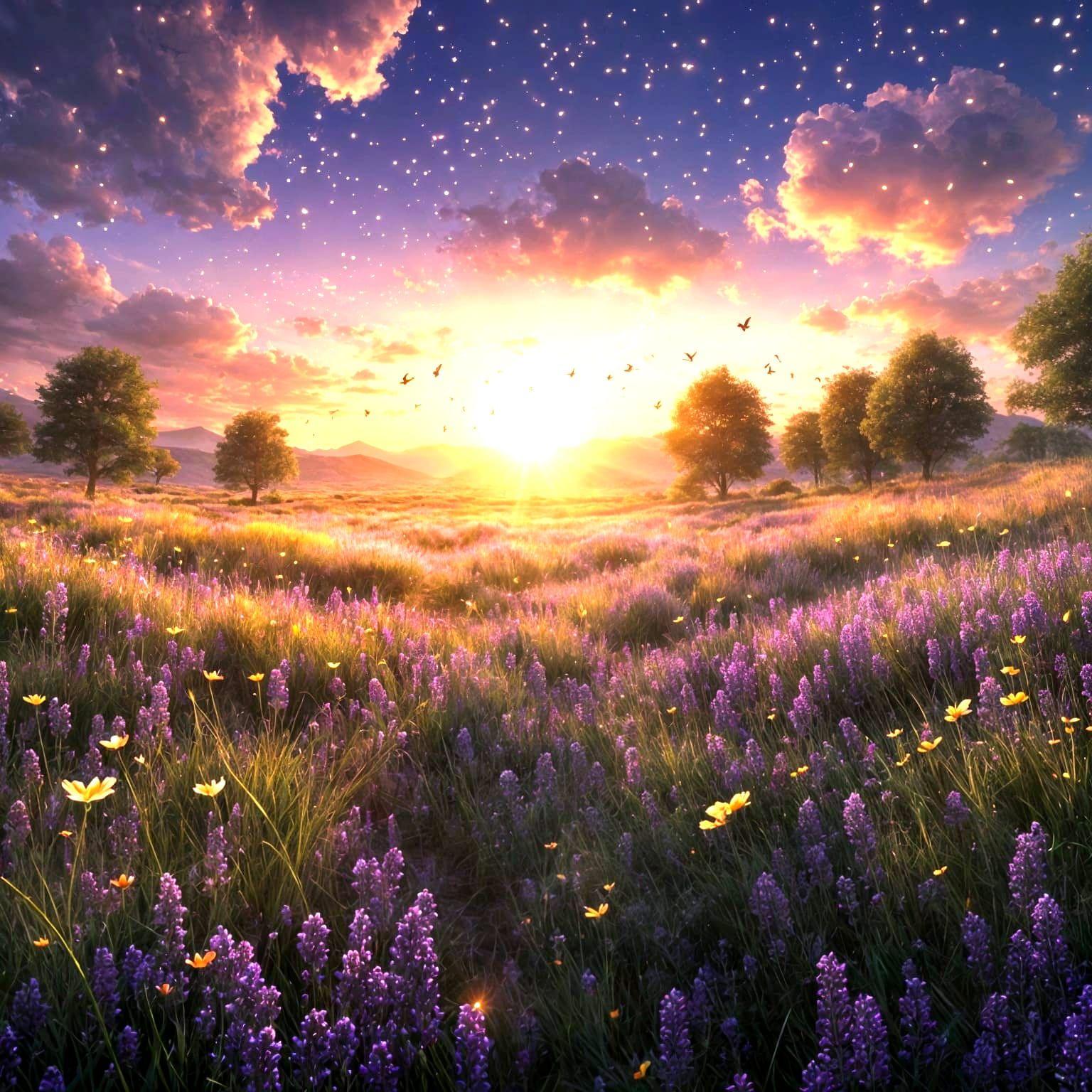 Vast Meadow at Sunset with Fireflies