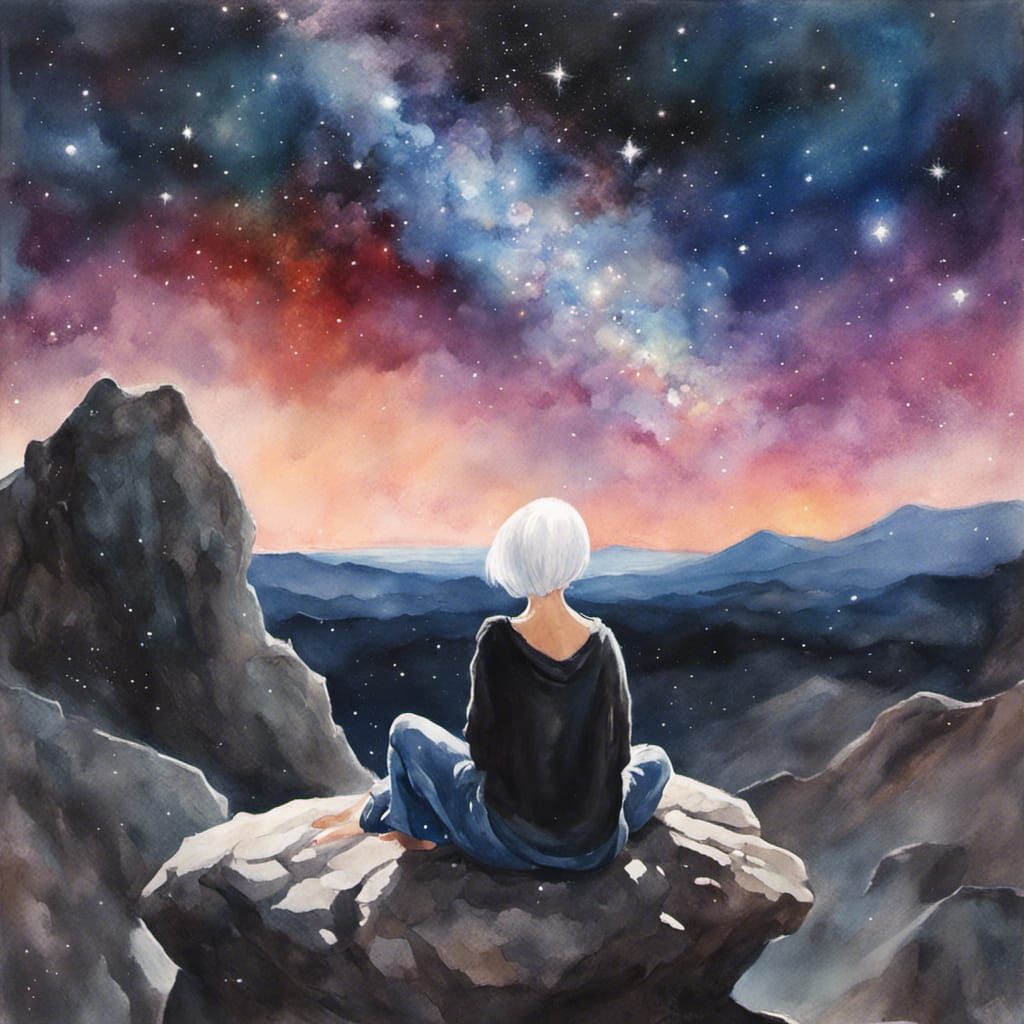 Elderly Woman Gazing at Galaxy in Gouache Style