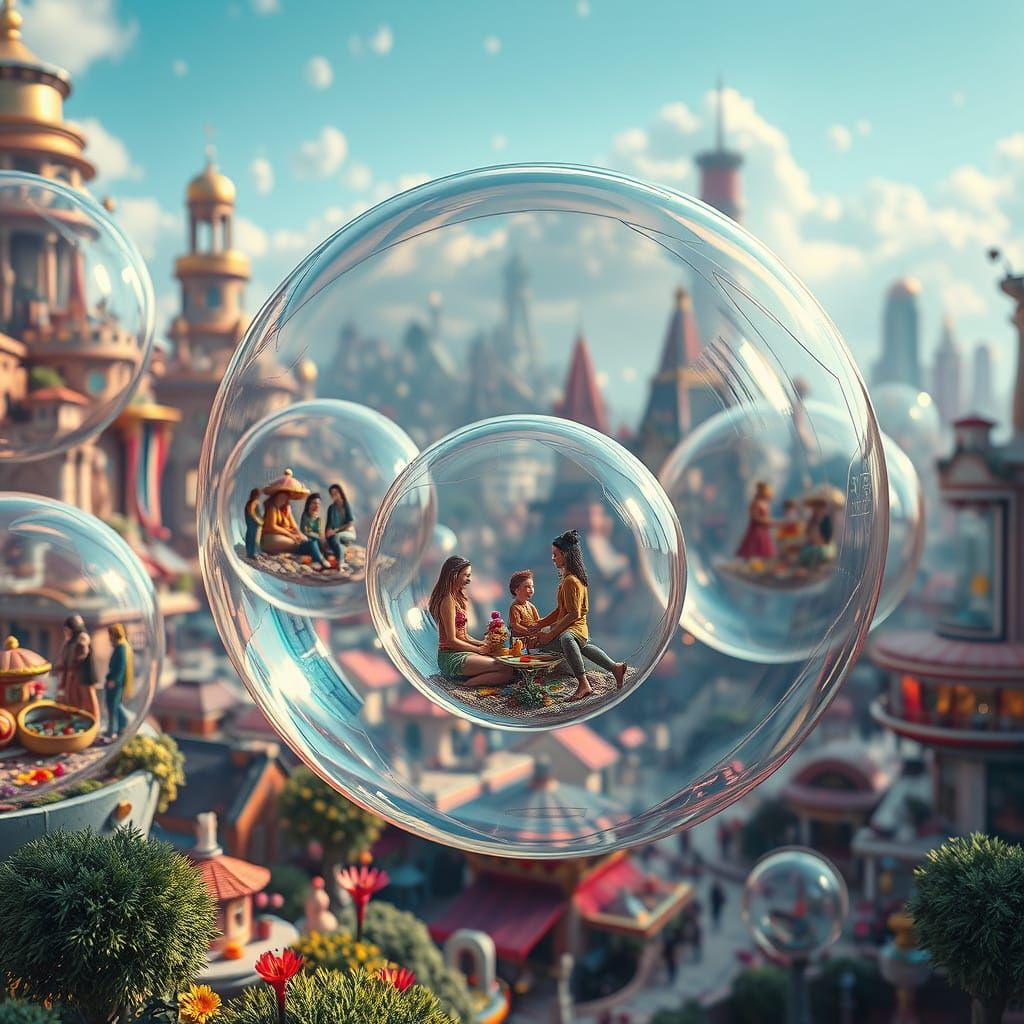Bubble Cityscape with Inhabitants in Retro-Futuristic Style